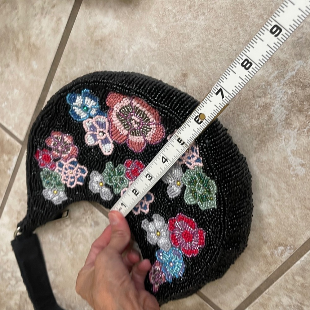 Studio 12 Black Beaded Floral Hobo Shoulder Bag Crescent Y2K Small Purse - Picture 8 of 12